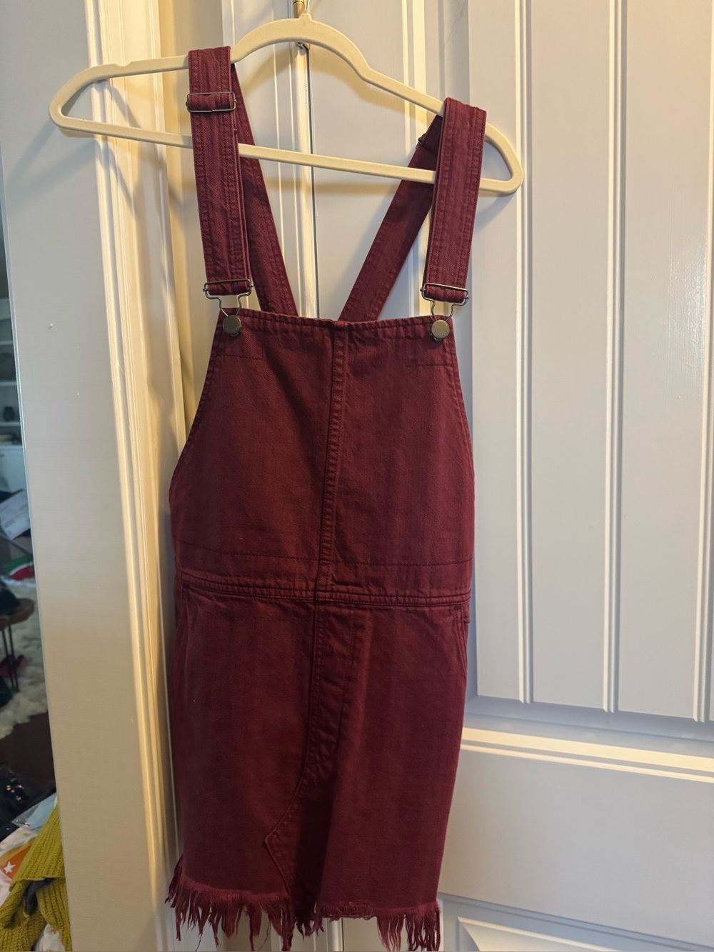 Free People Burgundy Denim Overall Dress with Fringe Hem